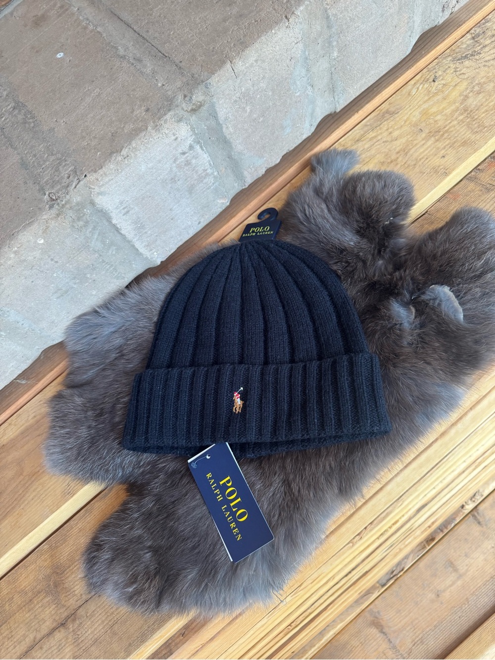 Polo by Ralph Lauren Black Ribbed Cuffed Beanie with Pony Logo